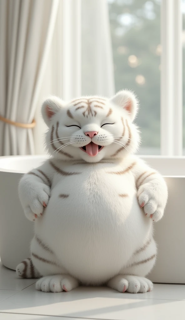 A chubby, pure white and cute little tiger,Real animals, Very fat,With eyes closed, Cute and cuddly,Fluffy, Delicate and exquisite, Real little tiger,The expression is very cute and sticking out tongue is very cute,Cute and lovable,Leaning upright on the sofa,A pregnant belly with a lot of furry patterns,The pattern on the belly is the same as the body,My belly is very big.,The pattern on the belly is the same as the body,Strike a sexy pose,Pure white high-end bathroom background,