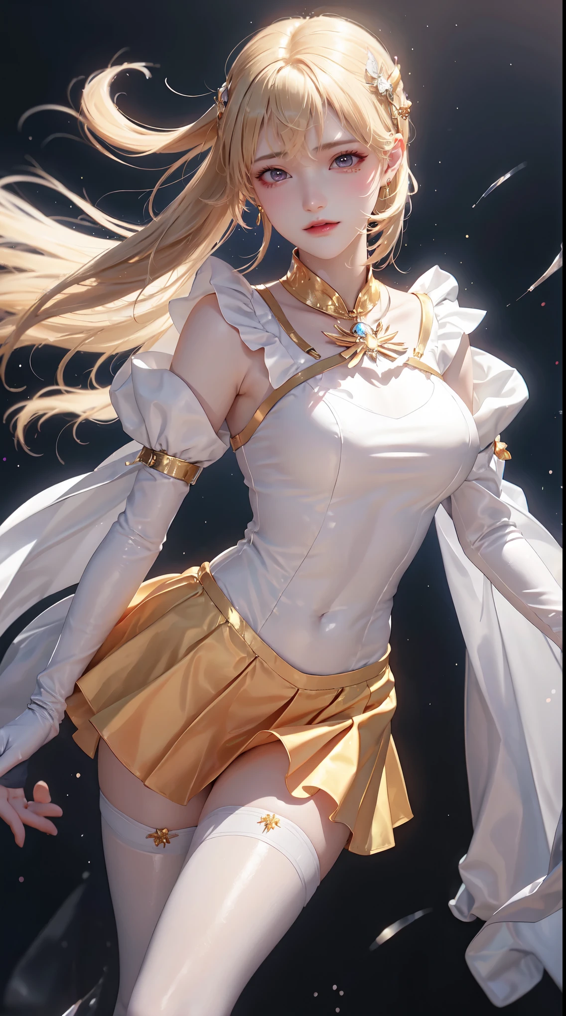 tmasterpiece, top-quality, A high resolution, SV1, Sailor warrior uniform, one blonde, orangeskirt, Wear gloves on elbows,Elbow woods, tiao, Orange sailor collar, sailorvenus, orange collar, whitegloves, jewely,A smile, Minako Aino,, Skirt cracked, Permanent, white straitjacket,, Gorgeous fabrics, Leather texture, ssmile, Cinema lenses, beautiful ambiance, depth of fields, Manhwa Style, the watercolor style, Flutter, ventania, Wind lift, shinny hair,