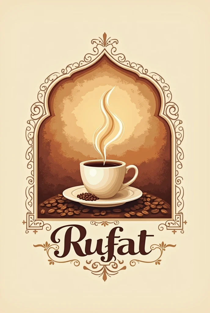 Generate a logo for a coffee shop with the name RUFAT COFFEE that has Terra colors and a Middle Eastern style