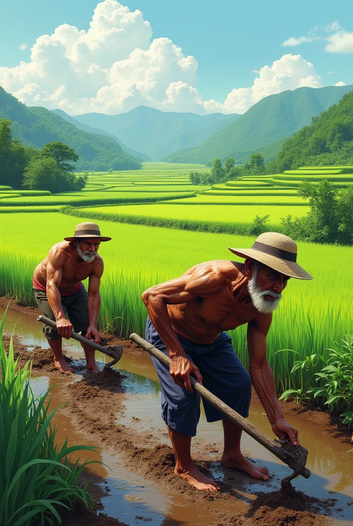 Farmers ploughing rice fields