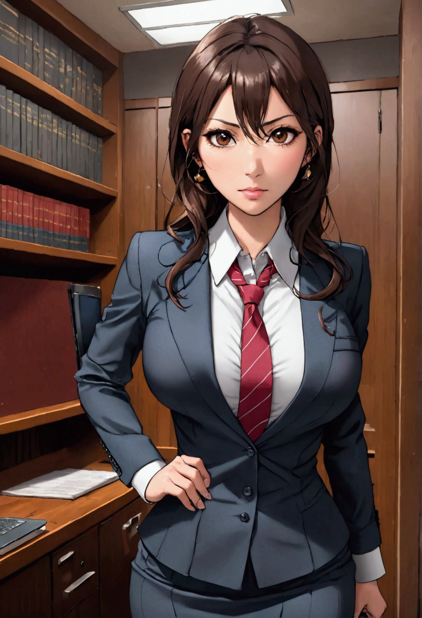 Japanese female lawyer, gigantic breasts, business suits, tight skirt, cleavage:-2, (buttoned shirts:1.3), Law Firm, she is standing with camera point up to her, she has no panties, she has a wet vagina, she has an ahegao face