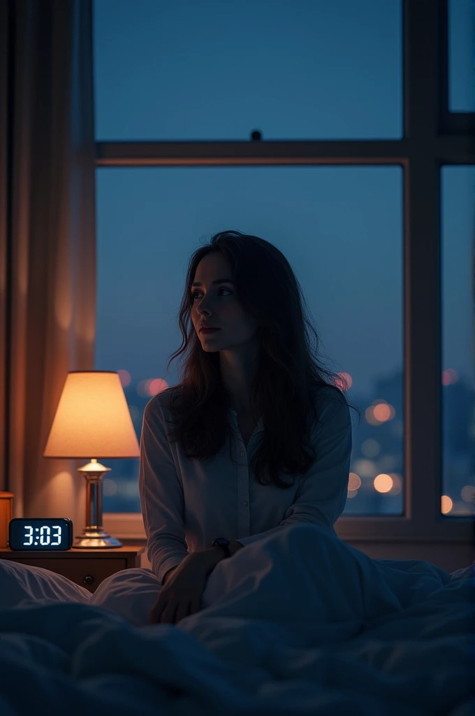 Woman sitting in bed as if she had just woken up with a window in the background being lit by the city with a digital alarm clock showing 3:03 am and a lamp on