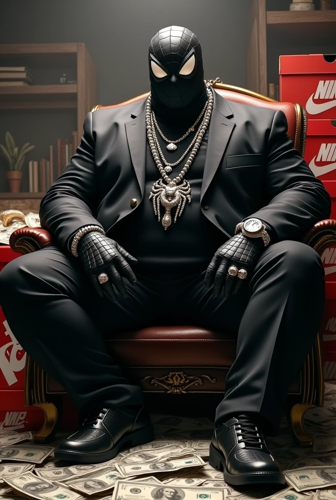 Fat belly spider-man black suit and mask with a silver necklace on his neck and a lot of money next to him and a rolex watch in his hand and a ring in his hand and Nike box and Nike shoes with rap style in the studio