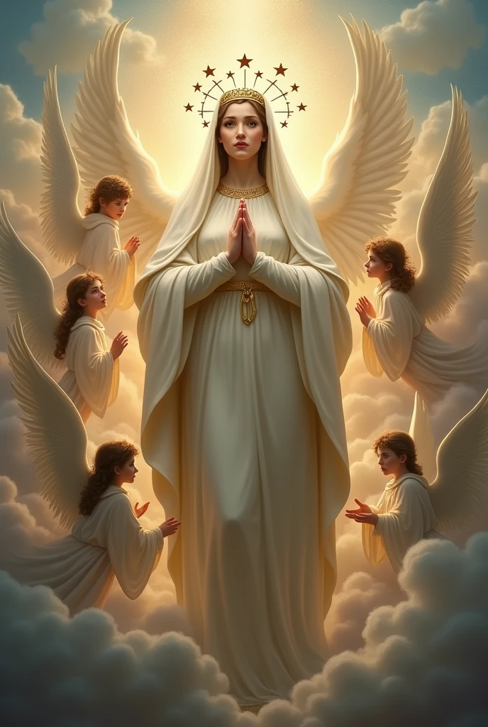 Virgin Mary with a crown of 12 stars on her head, surrounded by angels in heaven