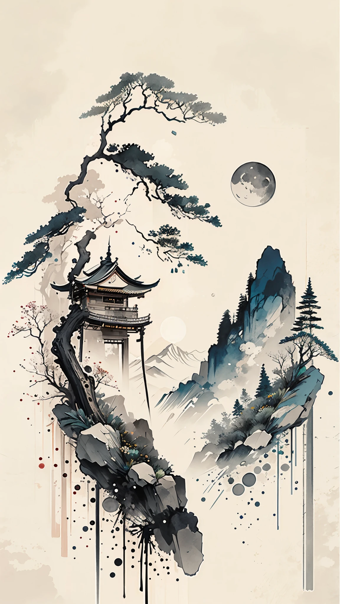 (Masterpiece,best quality:1.2),(number_human),Chinese ink painting tradition,Tell the moon your thoughts,The whole world is you,white background