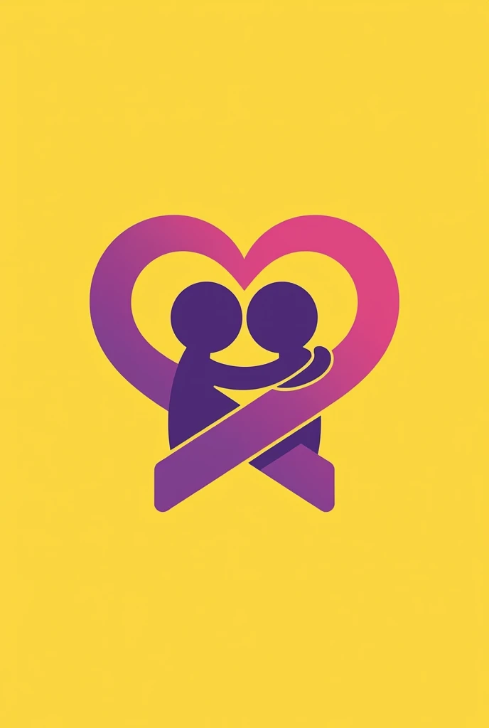 Draw a logo where there is a purple ribbon in the shape of a heart and inside there are purple three stickman hugging and all this on a yellow background people draw easy 
