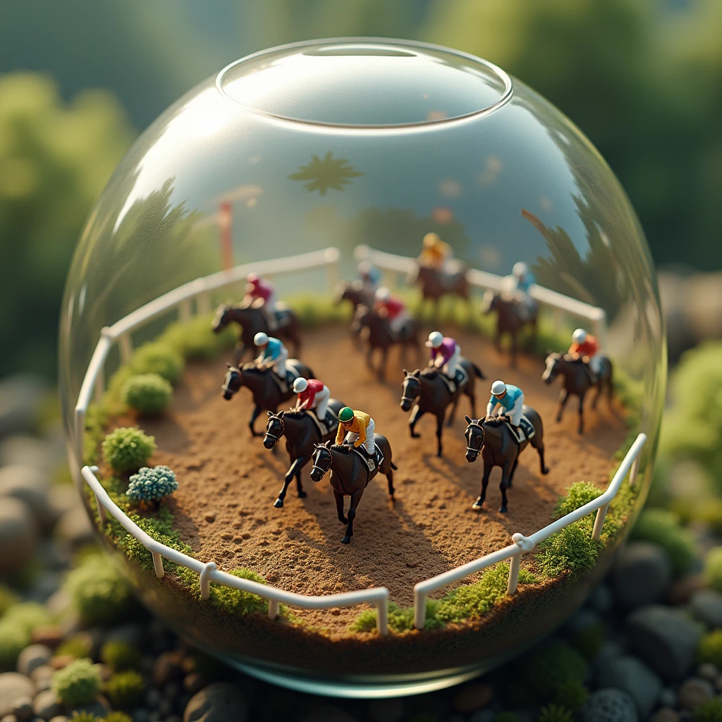 (glass jar:1.45), masterpiece, best quality, (Top view of a microscopic horse race at the hippodrome) trapped in a glass jar, (behind glass), (Horses and jockeys racing to the finish line on clay in an oval racecourse). good lighting, photorealistic: 1.37, masterpiece, best quality, raw photo, absurd resolution, UHD, high resolution, hdr, hiperrealista, 8k