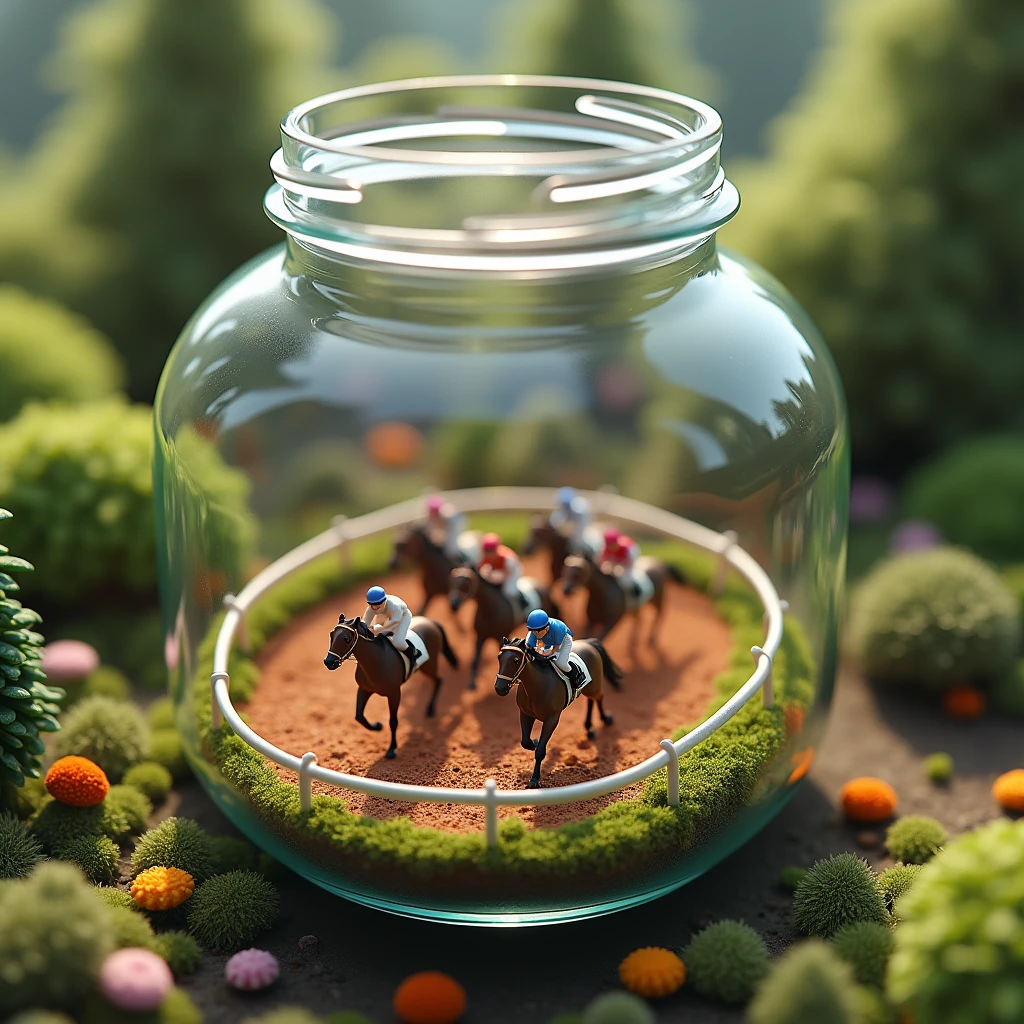 (glass jar:1.45), masterpiece, best quality, (Top view of a microscopic horse race at the hippodrome) trapped in a glass jar, (behind glass), (Horses and jockeys racing to the finish line on clay in an oval racecourse). good lighting, photorealistic: 1.37, masterpiece, best quality, raw photo, absurd resolution, UHD, high resolution, hdr, hiperrealista, 8k