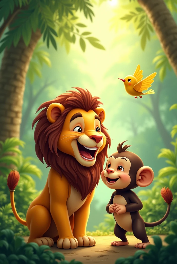 Prompt: The lion, monkey, and sparrow happily playing together in the jungle, with smiles and laughter, enjoying their friendship.