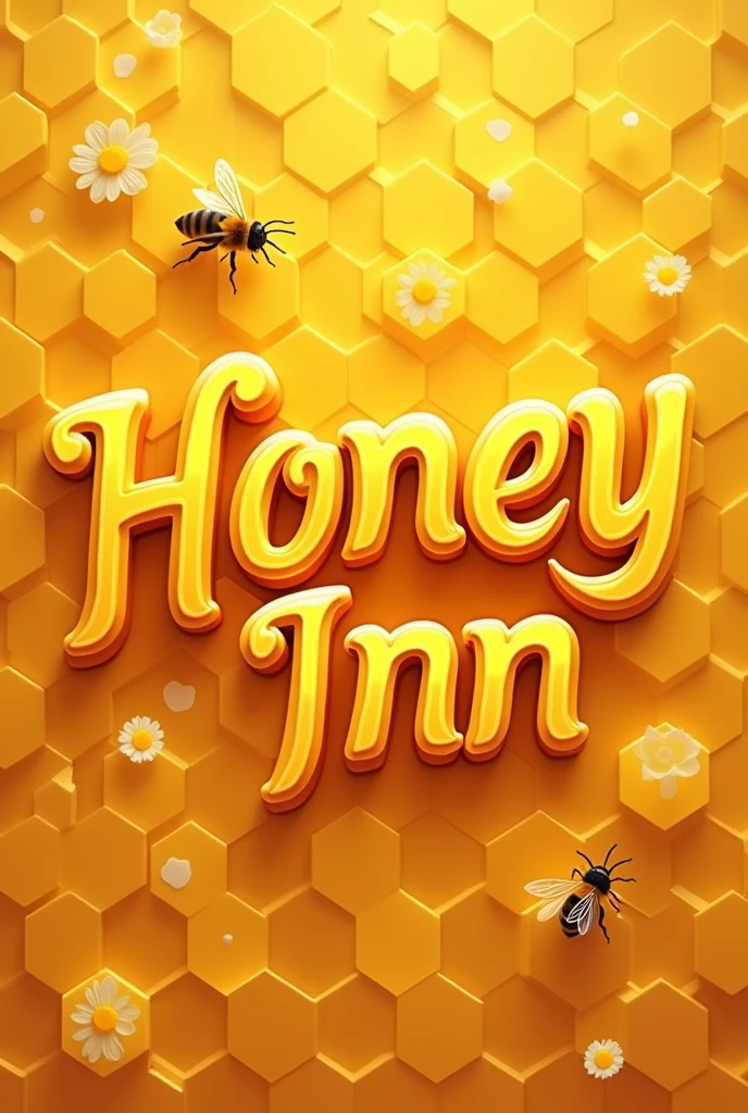 Create a text 'Honey Inn' resembling font related to honey overlaying the honey comb pattern.

