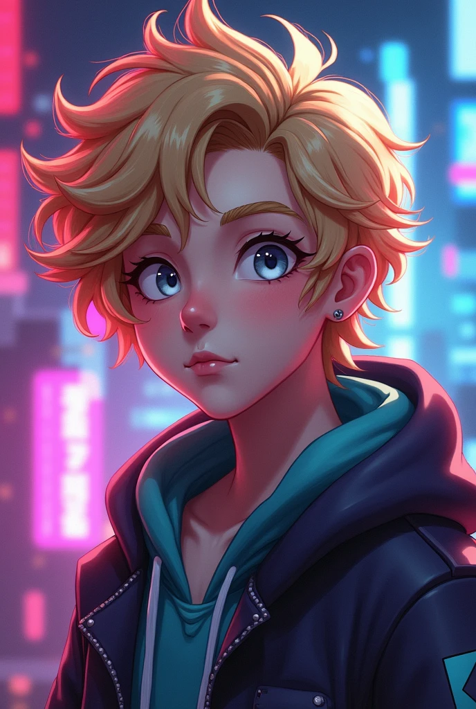 Create a gamer profile picture, character named oznerol, blond, curly hair and gray eyes,  less gay 