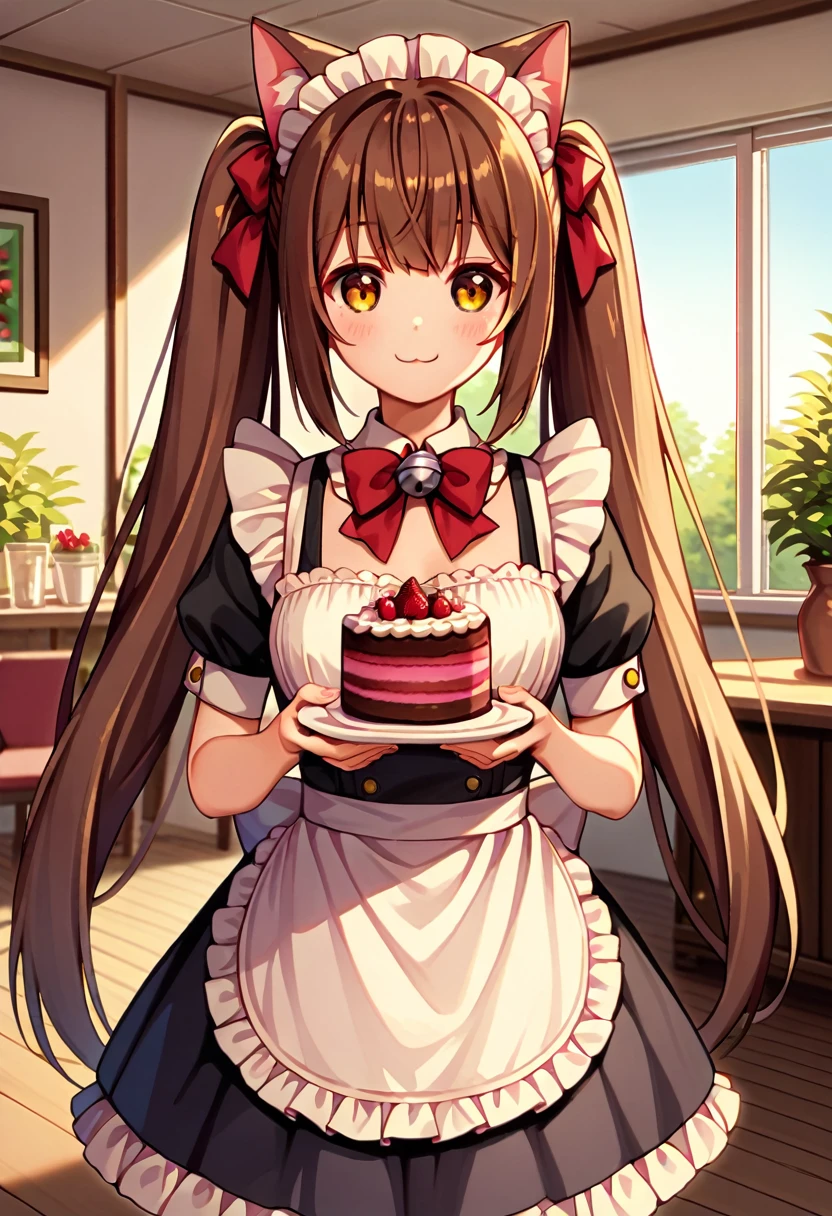 Chocola 1 girl with long brown hair, amber eyes, long hair, pigtails smile, silver bell on neck, maid uniform, cafe room, indoors , red bows, hold  dish with cake, cat ears, cat tail