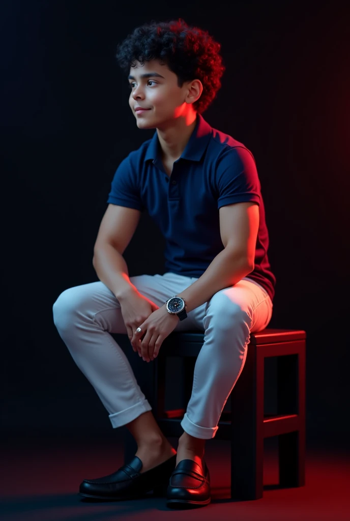 A  tan boy with muscles and black curly hair  and navy blue polo t shirt and white long trousers and old watch on it and black loafers sitting on black stool and black background red and blue light on it. the boy and the body are turning right side  