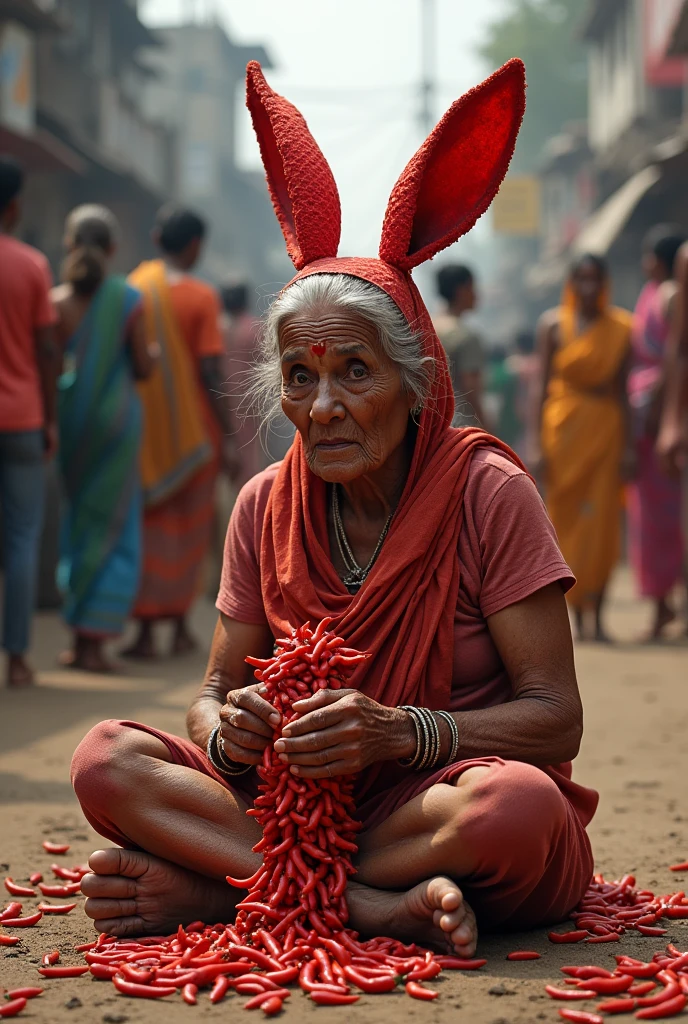 A poor old Indian woman is sitting on the ground and making a big rabbit out of red chillies and people are looking at her