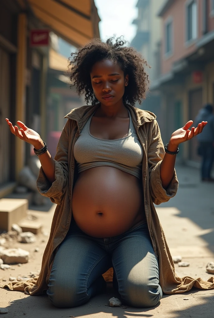 Pregnant black woman begging on the street 