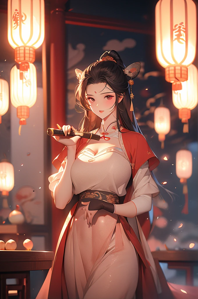 A tall, slender, baby-faced 15-year-old Chinese girl with firm eyes，With sallow complexion and tall breasts, she wears sexy armor and has red lips and white teeth.，Peach eyes, apricot eyebrows, holding an ancient long knife, abdominal muscles, flowing body, proudly raising her chin, black hair, cleavage 8K