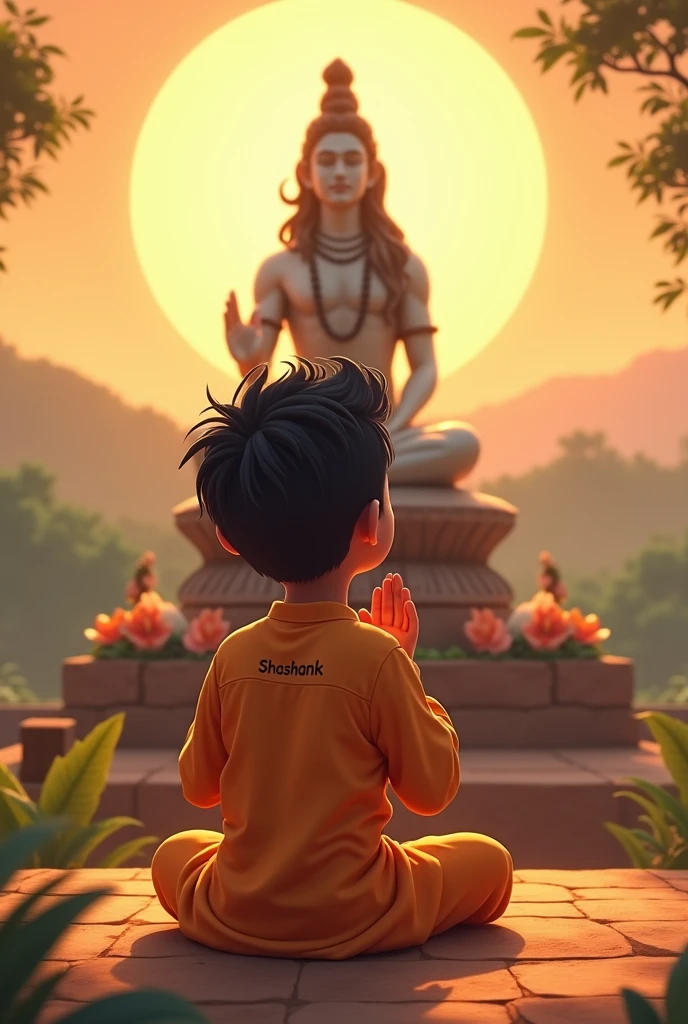A  boy, is seated and praying in front of a Shivling adorned with flowers and belpata (green leaves). Behind him, there's a Statue of Lord Shiva. The boy is wearing a saffron kurta on which name "SHASHANK" written clearly , have stylish hair and look very cute, enhancing the spiritual or religious ambiance, background features with hills, sunrise.