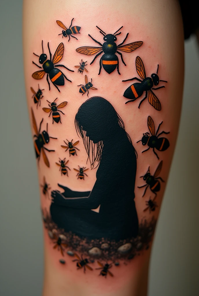 Tattoo of realistic swarm of bees with a silhouette sad women on knees in the middle