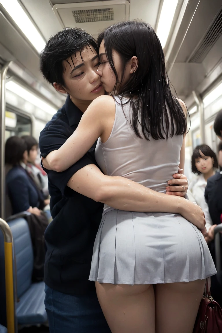 NSFW Viewer discretion advised, Crowded train, Japan , Woman hugging her from behind, Talk in her ear, Lift her up, Twist your miniskirt, 40k, photograph, masterpiece, Highest quality, Dark Gray Background, 　Pleated skirt　((Japanのスクール水着、See-through、Wet)), A woman is leaning on him from behind、i held you up, Mr....々Strike a Pose.A woman&#39;s buttocks are touched with his hand,A woman&#39;s buttocks are touched,女性が私のButtをつかむ,A woman puts her hand under my skirt,Woman grabbing woman&#39;Butt、slender、Perfect Anatomy、