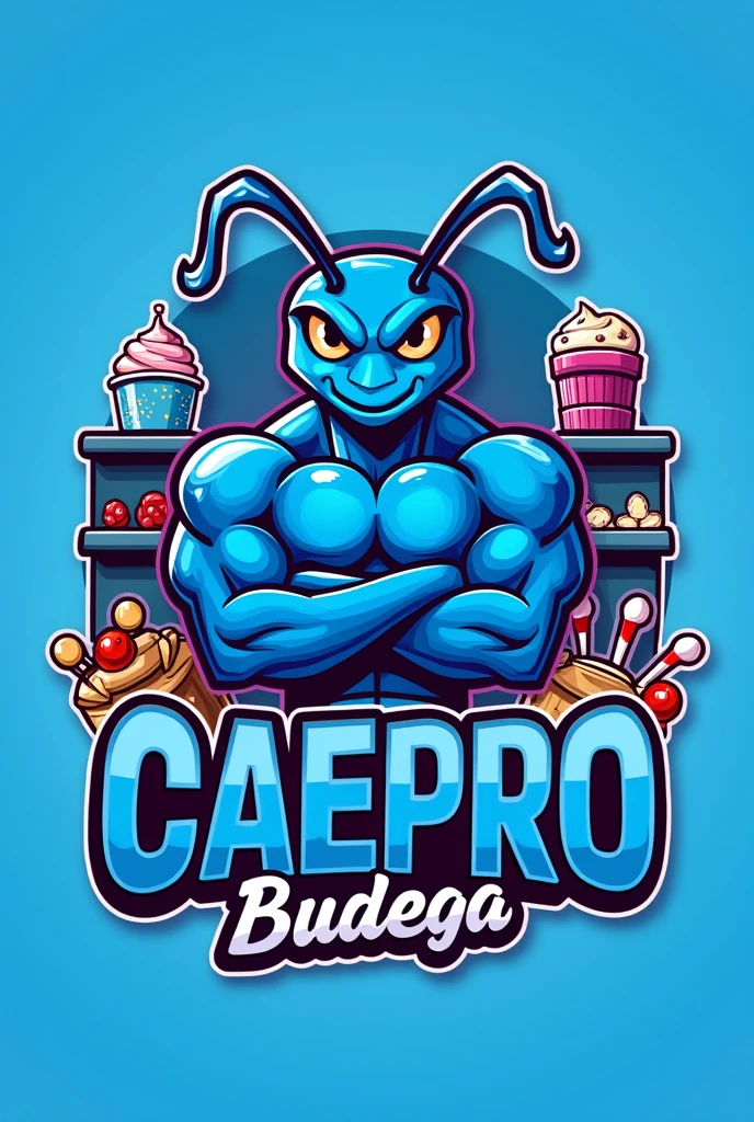 Create an eye-catching logo with predominantly blue tones, representing the 'CAEPRO's Budega', a themed shop at the Academic Center for Production Engineering. At the center of art, insert the text 'Budega do CAEPRO' in a High School USA Serif style font, evoking a classic collegiate aesthetic. next to or above the text, highlight the mascot: a blue ant with 4 arms, muscular and muscular humanoid body as if he were a bodybuilder, with arms crossed in a confident pose. The ant must have a friendly countenance, but determined, representing strength and acceptance. Around the mascot, include details that refer to a small shop, like sweets, lollipops, and snacks arranged on small shelves or baskets, creating a welcoming and fun environment. Make sure the elements of the store complement the predominant blue color of the logo., maintaining visual harmony.