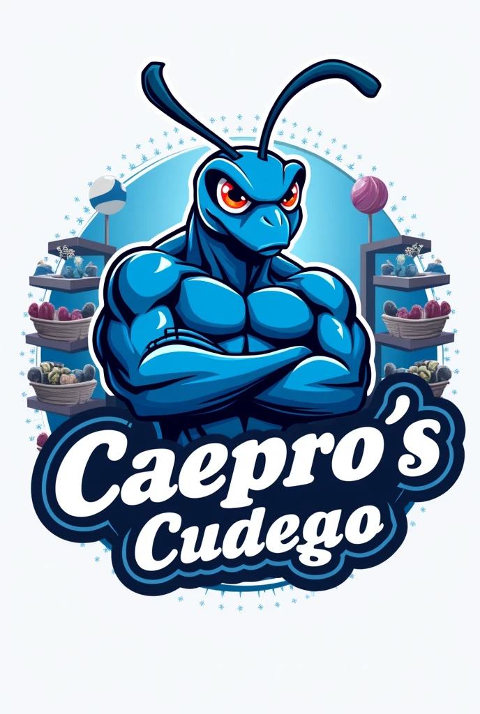 Create an eye-catching logo with predominantly blue tones, representing the 'CAEPRO's Budega', a themed shop at the Academic Center for Production Engineering. At the center of art, insert the text 'Budega do CAEPRO' in a High School USA Serif style font, evoking a classic collegiate aesthetic. next to or above the text, highlight the mascot: a blue ant with 4 arms, muscular and muscular humanoid body as if he were a bodybuilder, with arms crossed in a confident pose. The ant must have a friendly countenance, but determined, representing strength and acceptance. Around the mascot, include details that refer to a small shop, like sweets, lollipops, and snacks arranged on small shelves or baskets, creating a welcoming and fun environment. Make sure the elements of the store complement the predominant blue color of the logo., maintaining visual harmony.