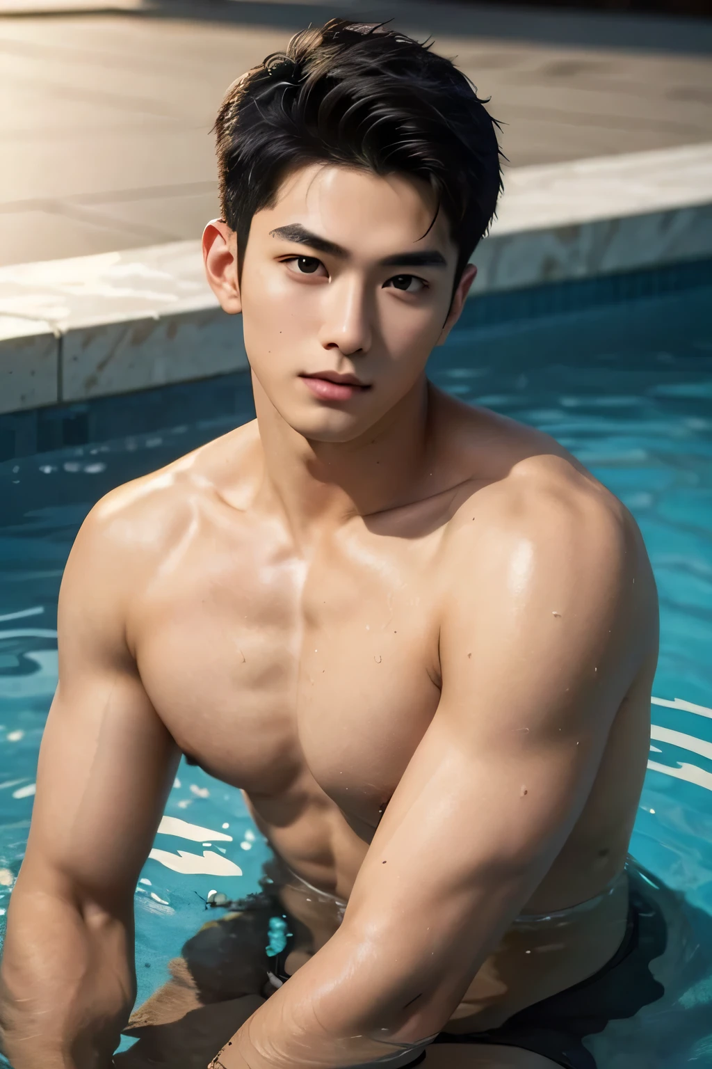 ((High quality)), ((masterpiece)), ((highly detailed)), perfect face, realistic, ((man)), ((Asian)), full body, young, 20 years old, black hair, comma hair cut style, ((handsome)), detailed eyes, beautiful detailed nose, realistic body, realistic light, comfortable expressions, cute guy, sweat guy, cool guy, young, muscular body, sexy, hot, pool, water
