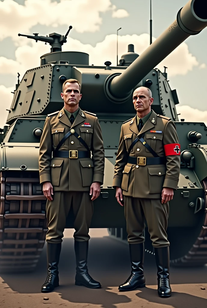 Create an awe-inspiring, high-resolution image featuring Haase and Fendesack standing triumphantly beside the iconic Tiger 131. Capture the intensity and legacy of these legendary figures with a focus on their powerful presence and the majesty of the Tiger 131 tank. Use dramatic lighting and dynamic angles to evoke a sense of victory and dominance. Emphasize the emotional weight and historical significance, ensuring this image outshines any competing visuals in its grandeur and impact.