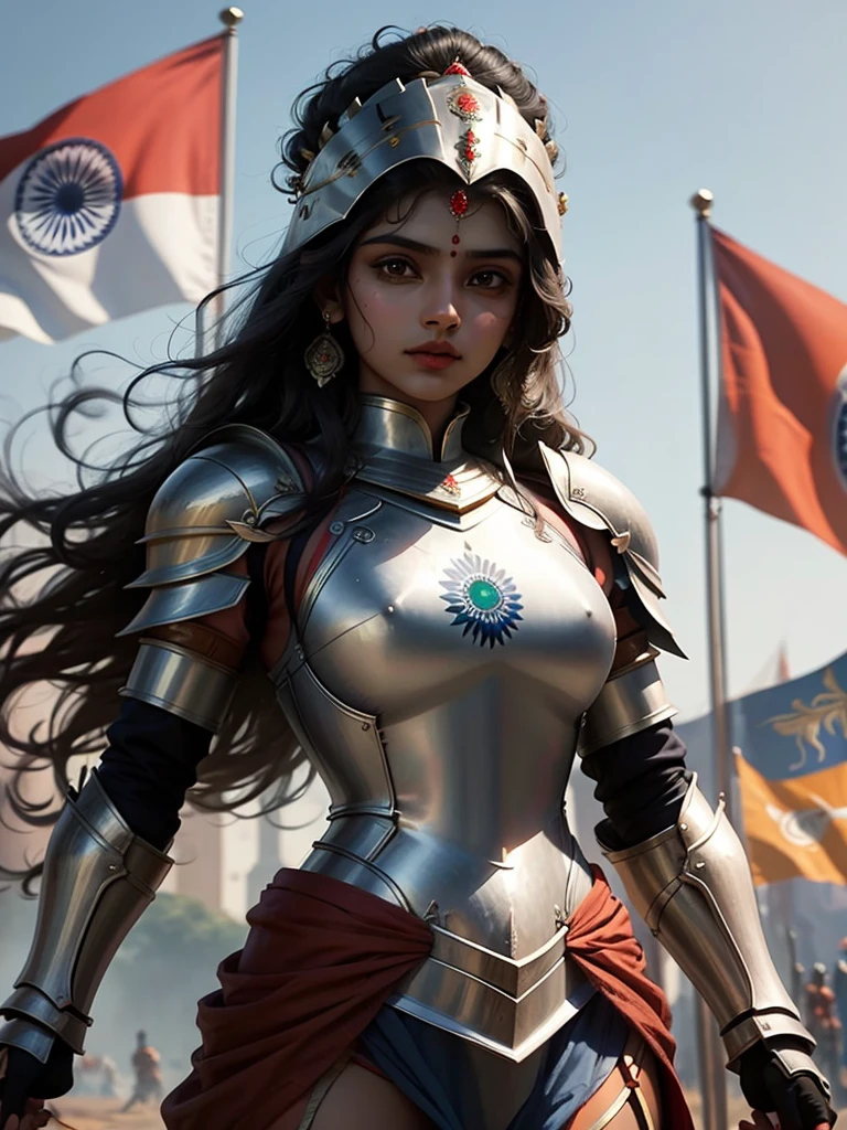 Indian flag as female steel knight, indian girl, indian flag on chest armor