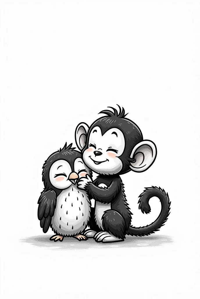 (black and white) logo, (hand-drawn) art style, cute cheeky monkey, posing playfully with hands on a best friend owl's head, whimsical design, friendly atmosphere, intricate details, outlines, dynamic expressions, playful interaction, unique branding concept, delightful character illustration, perfect for an inviting and cheerful motif, appealing and memorable artistry.