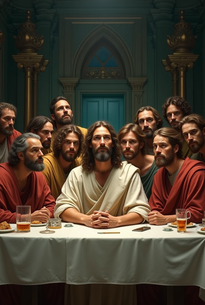 Image of beautiful Jesus with his apostles at the last supper taking a selfie?
