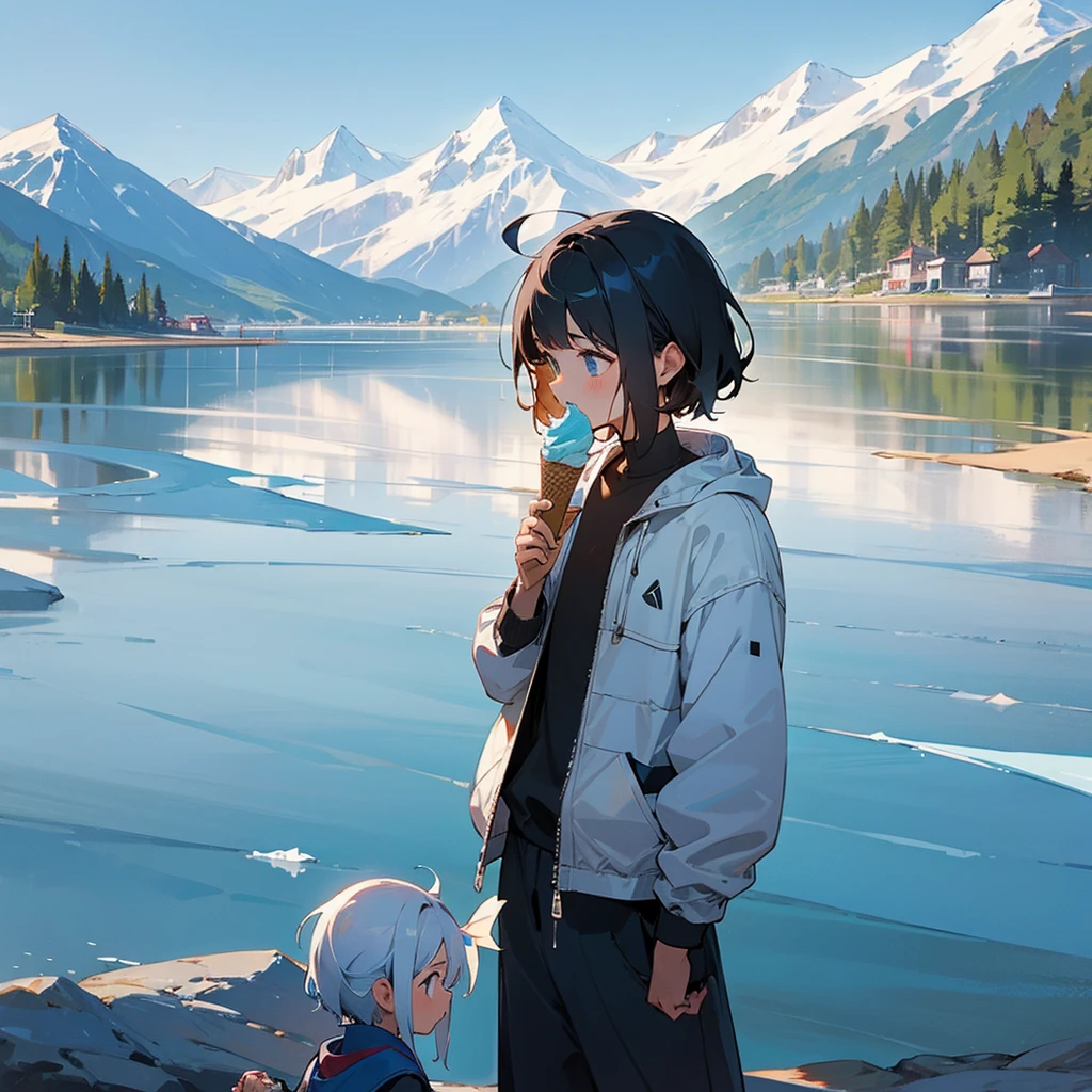 A boy giving ice cream to his younger sister, with a mountainous background and a lake