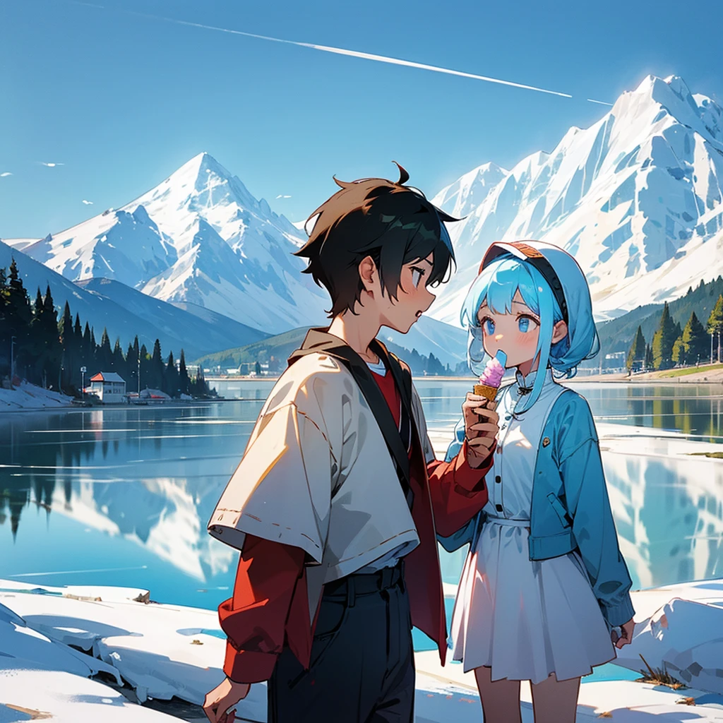 A boy giving ice cream to his younger sister, with a mountainous background and a lake