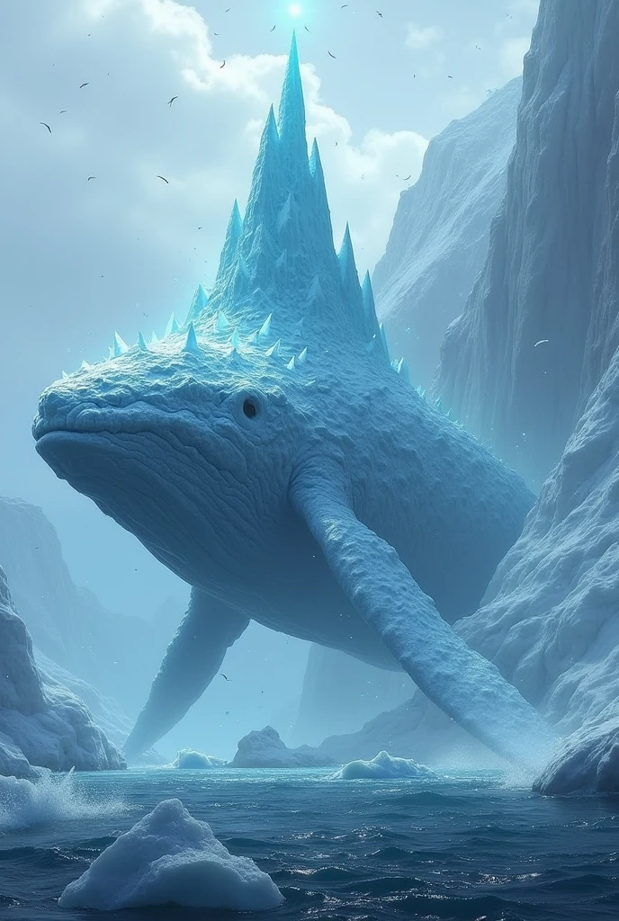 (ultra detailed), A giant whale with an iceberg fused to it. Its entire body is covered in ice, and it emits cold air every time it swims. It has a huge ice peak on its back, making it look like an iceberg. Its eyes are cold blue, freezing those who see it. Its tail is as sharp as an ice blade, freezing enemies with a single blow.