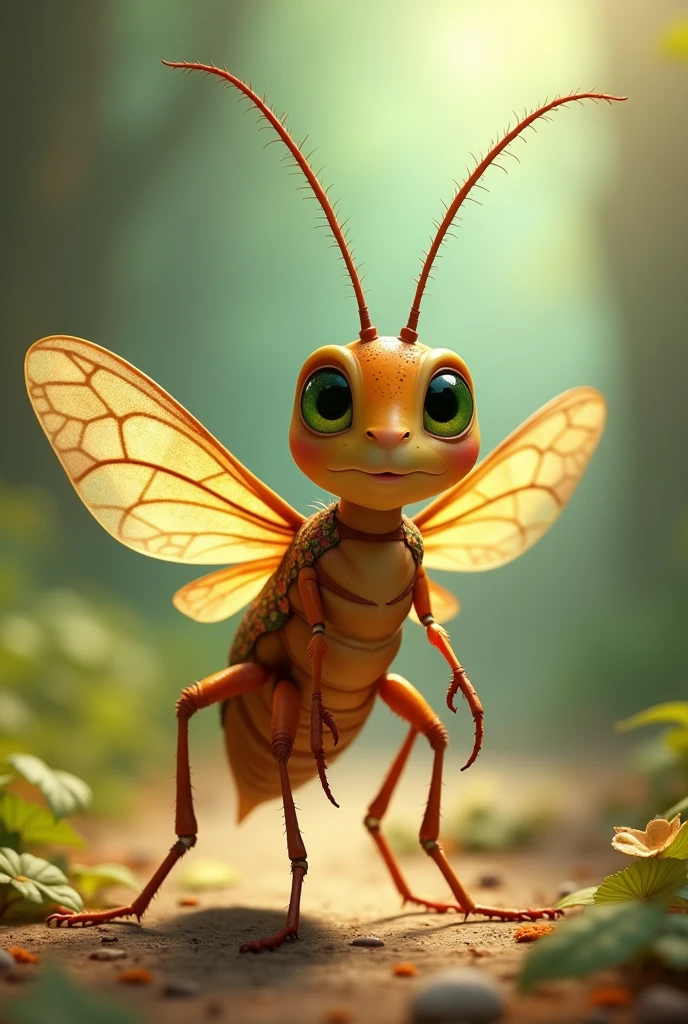 a cockroach character from a book , fly away, Disney style, with big green eyes, long antennas, 2 pairs of wings that must be closed, six legs, standing on two of them