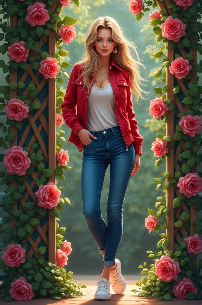 A fashionable young woman with long hair and blue eyes, dressed in blue jeans, a red jacket, and white shoes, leaning against a wooden trellis covered in climbing roses.