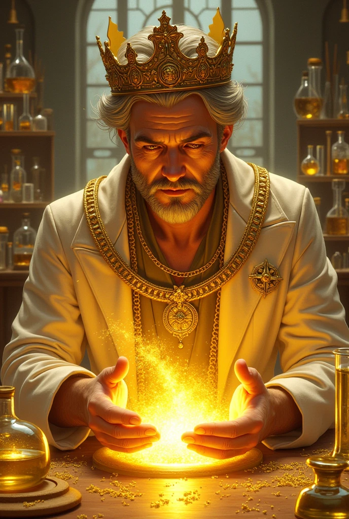 Scientist with gold crown and gold chain making gold