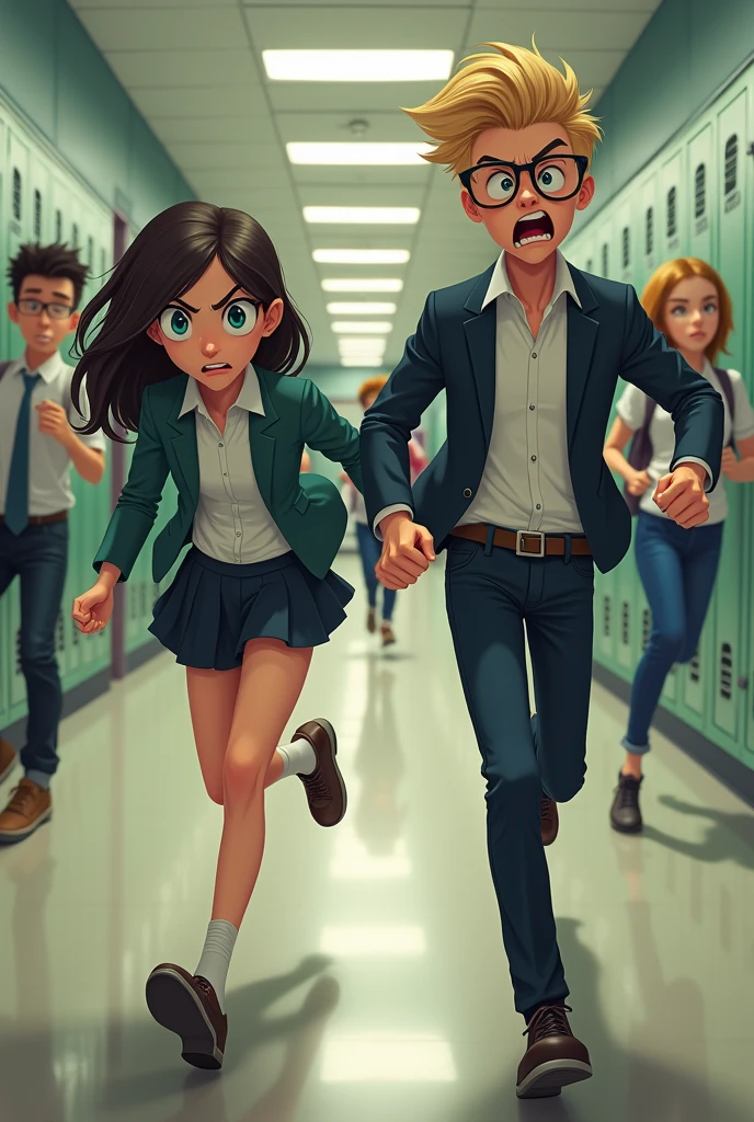 school girl with uniform and have long medium length hair with glasses and have 5'6 height, and have a angry expression on her face, and boy have blonde hair with glasses and have 6'2 height chased by a girl with angry expression on her face on the hallway while running.