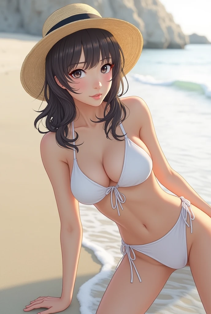 Arab Asian woman in white bikini and straw hat poses for a photo, A sophisticated gravure idol, Young and cute gravure idol, Yasumoto Oka, Young Gravure Idol, realistic Young Gravure Idol, Young Sensual Gravure Idol, mayuri shiina, Young and skinny gravure idol, Kotegawa Yui, Aoi Ogata