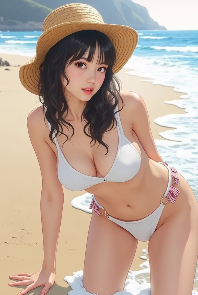Arab Asian woman in white bikini and straw hat poses for a photo, A sophisticated gravure idol, Young and cute gravure idol, Yasumoto Oka, Young Gravure Idol, realistic Young Gravure Idol, Young Sensual Gravure Idol, mayuri shiina, Young and skinny gravure idol, Kotegawa Yui, Aoi Ogata
