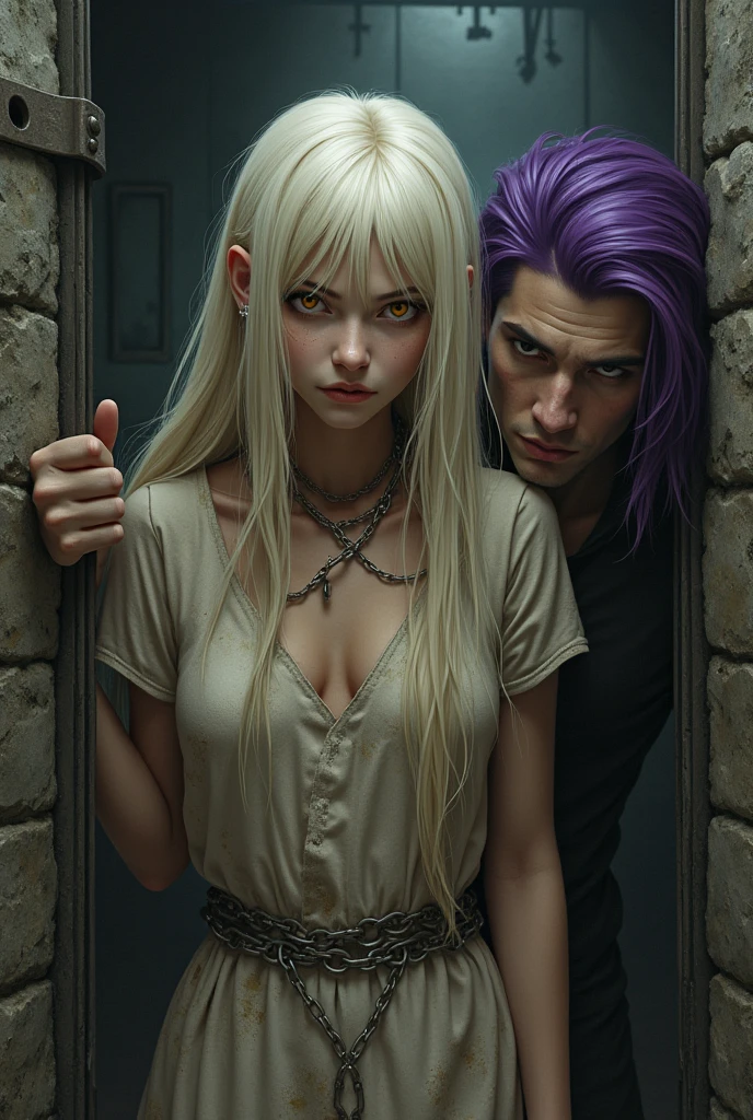 Chained golden white haired girl with honey colored eyes in dirty medieval clothes in a cell At his side a man with purple hair.