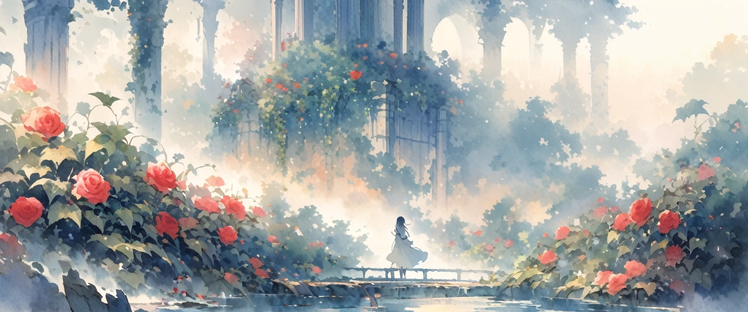 Girl sitting on ruins、The pillars are covered with ivy.々The red rose-like flowers bloom in、The whole place is covered in mist, creating a fantastical landscape.、Pale colors、Watercolor-like style