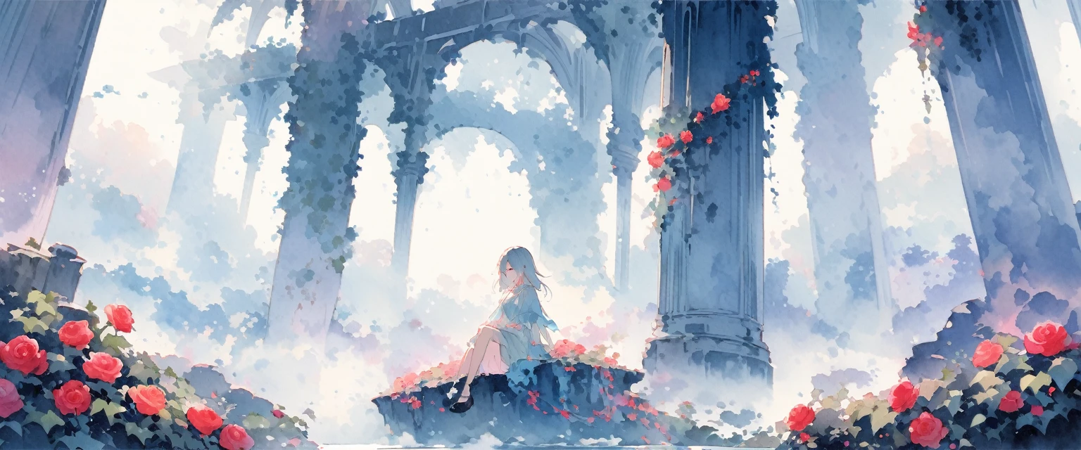 Girl sitting on ruins、The pillars are covered with ivy.々The red rose-like flowers bloom in、The whole place is covered in mist, creating a fantastical landscape.、Pale colors、Watercolor-like style