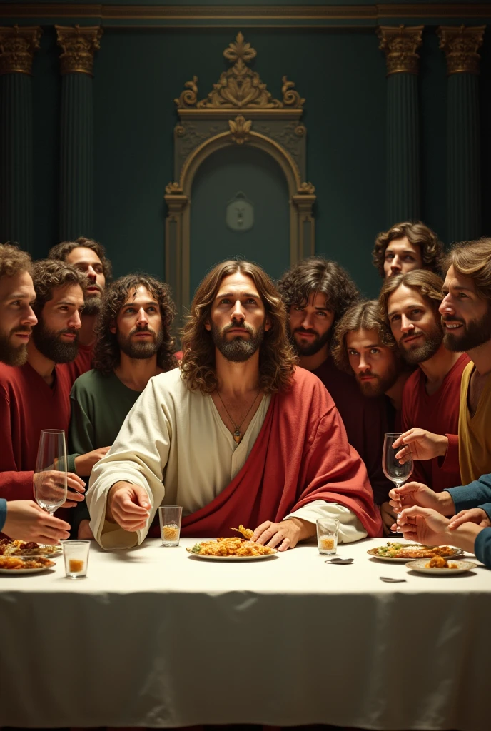 Image of beautiful Jesus with his apostles at the last supper taking a selfie?