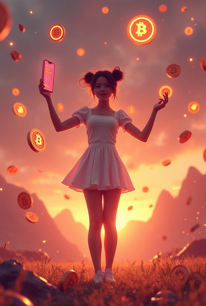 Full body image of a woman、bun twin hair、White miniskirt dress。In the center is a woman holding a smartphone and spreading her hands high into the air.。Her smartphone is lighting up with an AirDrop notification.。Various cryptocurrency icons are displayed falling from the sky like digital raindrops.、「Airdrop Addiction 」Expressing。
Around her、Floating Coin、token、The background is filled with Bitcoin symbols.、Vibrant、It creates an almost chaotic atmosphere.。The background color palette is neon brown.、Reminiscent of a futuristic digital world。
