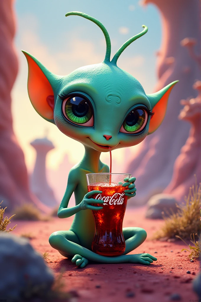 Make me a picture of Paul the alien, drinking a coke