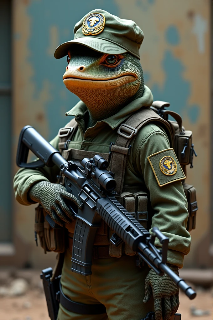 A lizard wearing a tactical hat and rifle in the uniform of the Military Police of Bahia