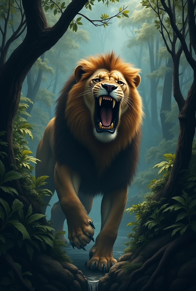 The lion trapped in a deep pit, roaring loudly for help, with a worried look on his face, surrounded by tall, dark jungle trees.