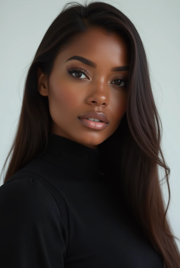A picture of a dark skinned woman sith long straight brown hair. She has completely straight brows and shrp eyes. Shes in her 30 but she looks a bit younger . The background is complete white. She can be in more cool tones