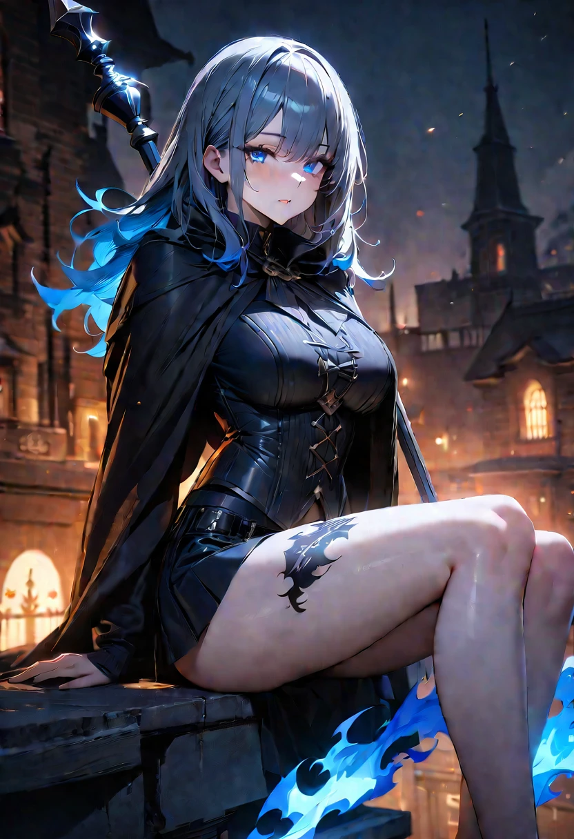 uhd, textured skin, high quality, high details, masterpiece, best quality, 1girl, grim Reaper, Black tattered cloak, mini skirt, Carrying a large scythe on his shoulder, A blue flame appears in his left eye, Blue flame effect on left eye, Sitting on top of a building, Moonlit Night, Cat Familiars, Beautiful digital artwork