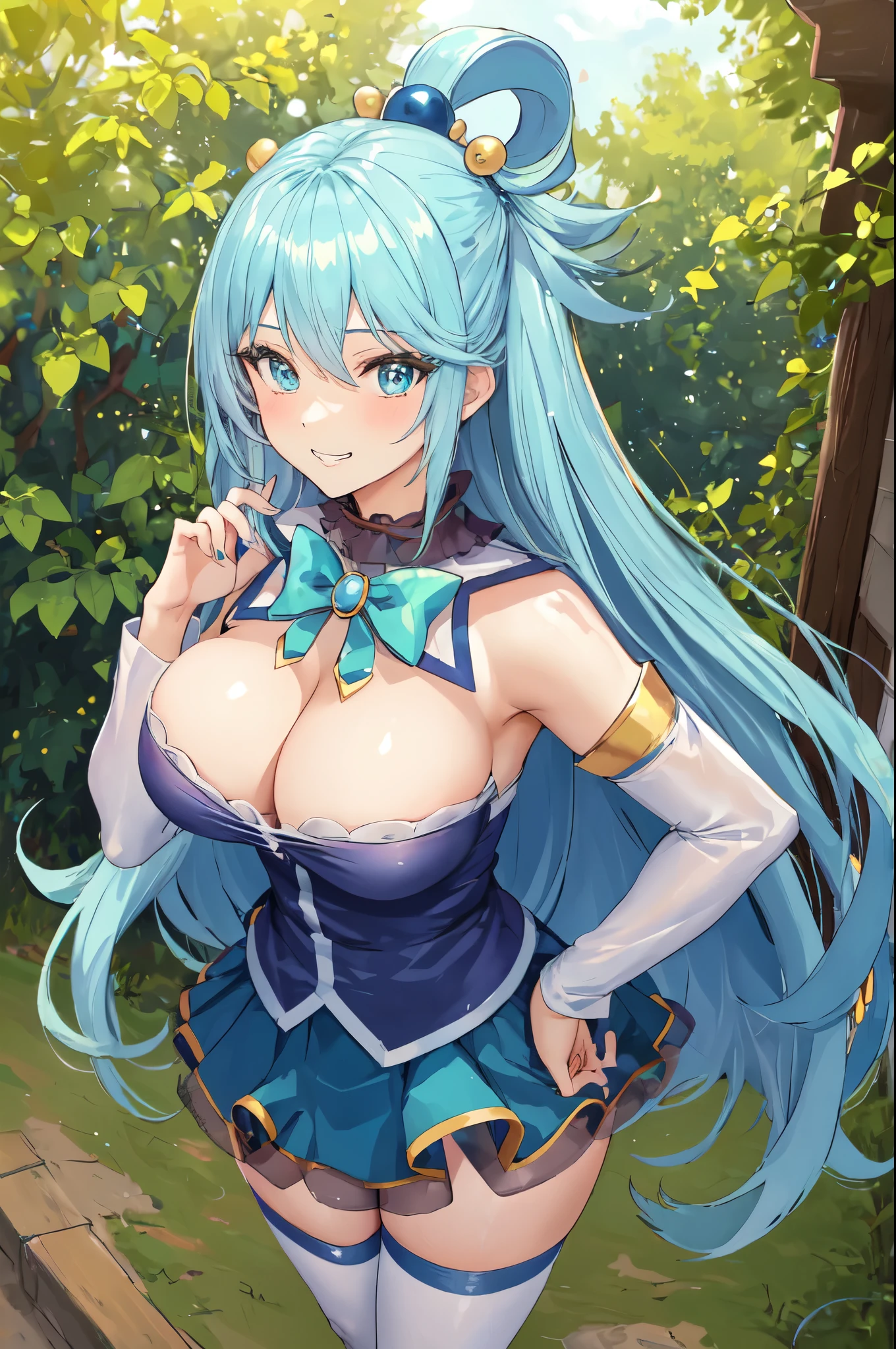 (masterpiece, best quality:1.2), solo, 1girl, ksaqua, grin, looking at viewer, hands on hips, hair rings, blue shirt, bow, detached sleeves, skirt, thighhighs, bare shoulders, normal breasts, see through,Beautiful and fair、Radiant Skin, 3 Up, Gorgeous, bright, Refreshing and gentle expression, Perfect beautiful face、Beautiful shiny bangs, A very beautiful girl, Eyeliner, Very perfect eyes,Very large breasts,Grooves reveal original skin,Muscular body,White lace underwear,Hatsune Miku,Magical girl